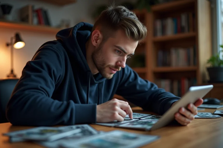Joueur adulte analysant des stratégies de jeu Foudre Noire et Flamme Blanche sur une table avec des cartes tactiques et une tablette
