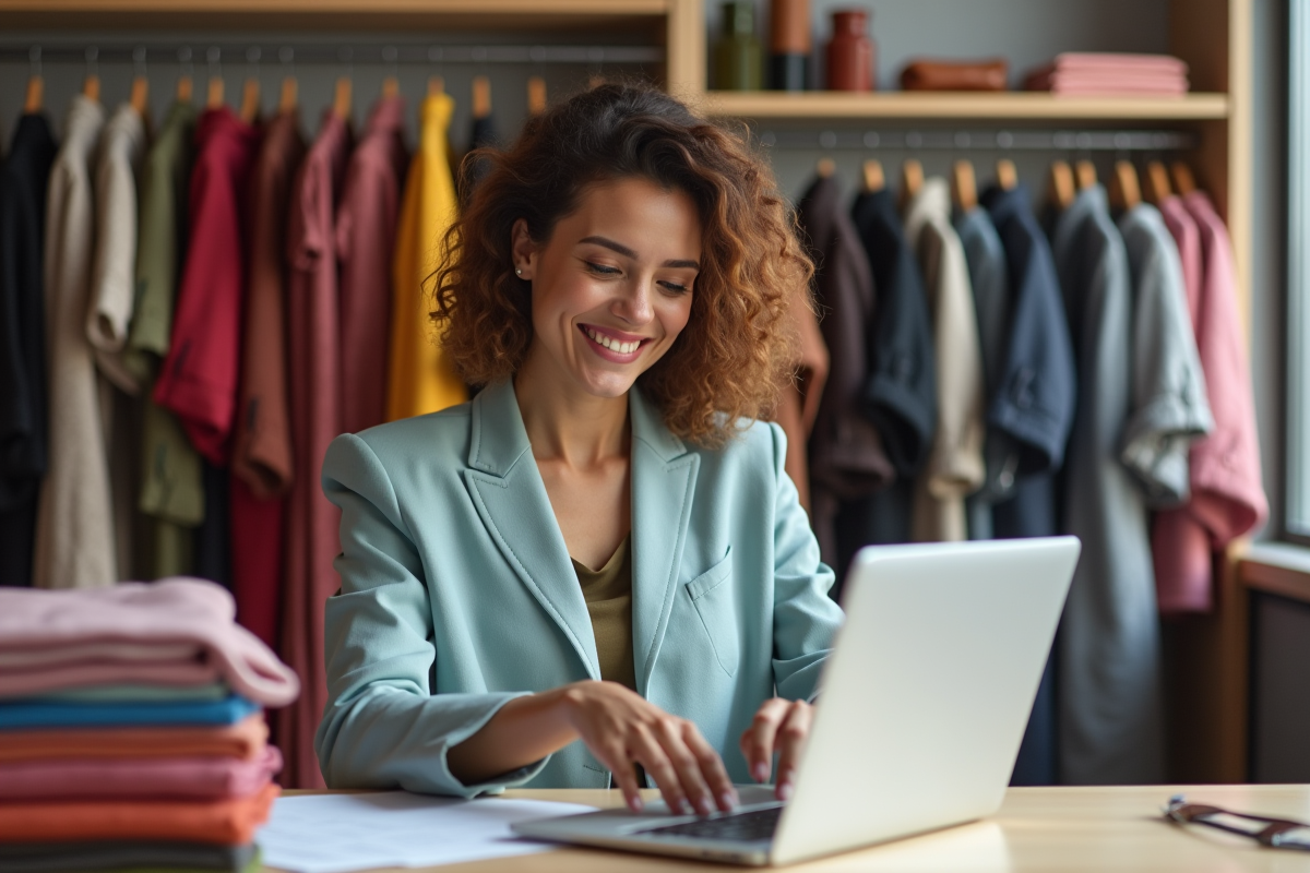 Styliste souriante vérifiant un contrat sur son ordinateur