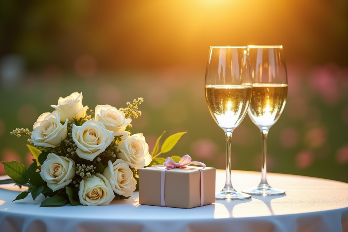 Table extérieure élégante dans un jardin en fleurs au coucher du soleil