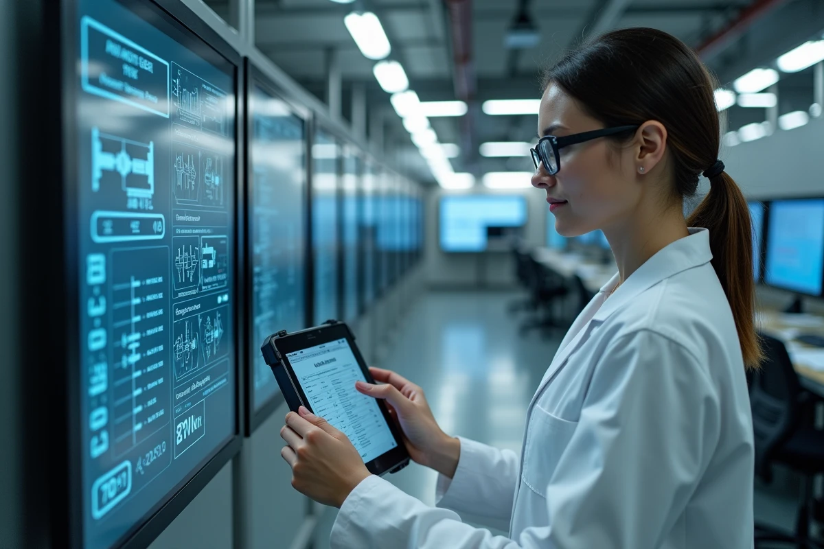 Technicienne de process consultant un tableau de conversion PSI en bar sur tablette dans une salle de contrôle industrielle