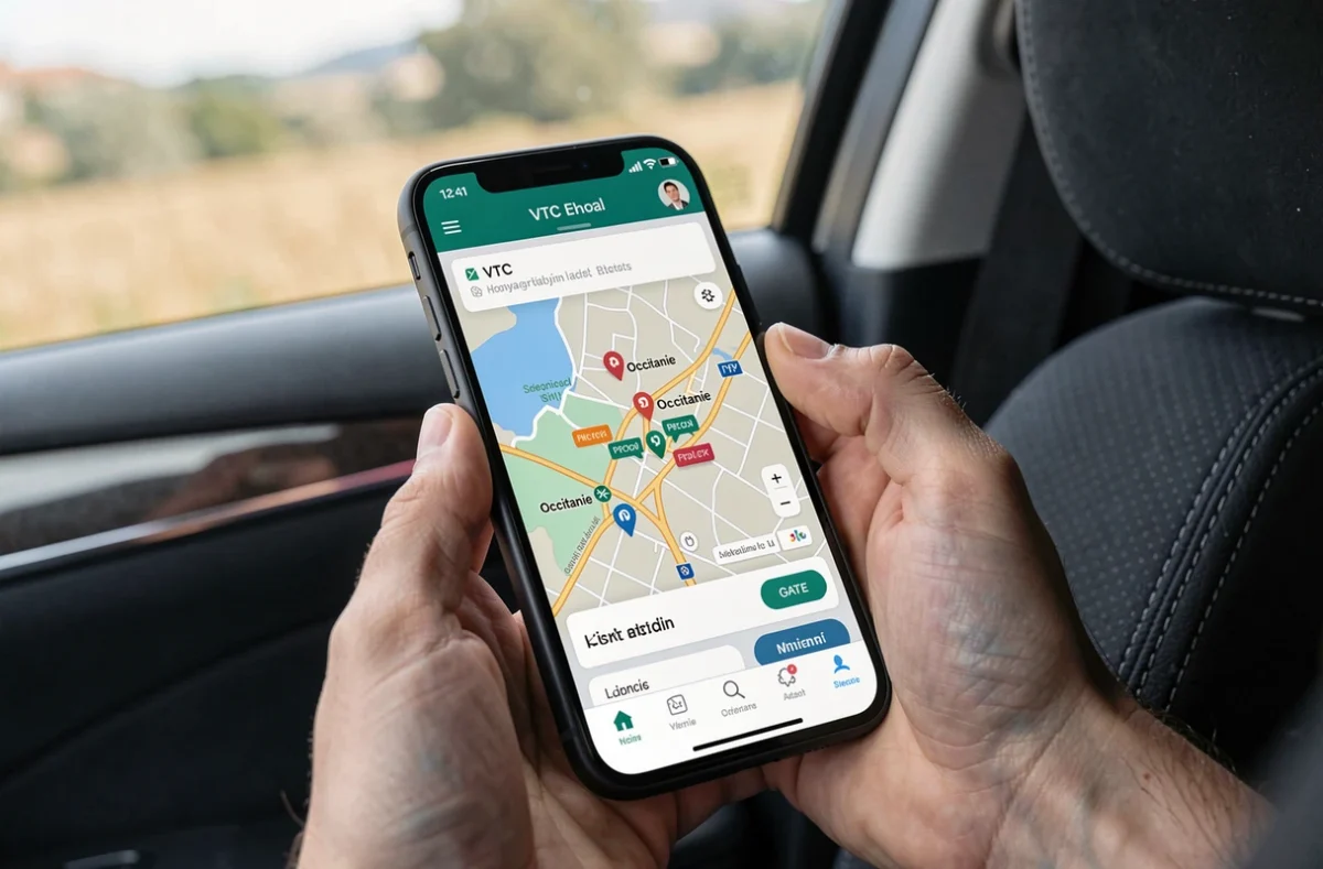 Passager utilisant une application VTC régionale sur smartphone dans une berline traversant l'Occitanie