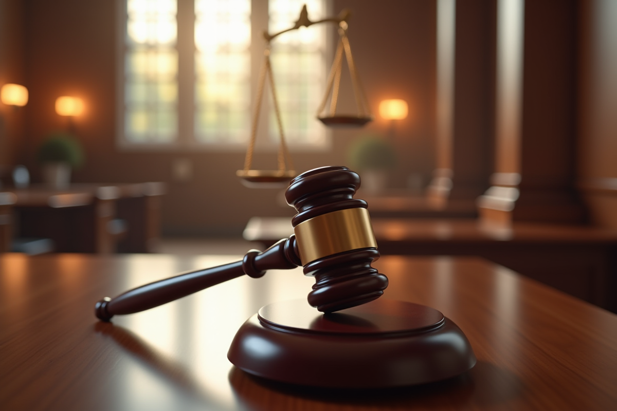 Gros plan sur marteau de juge dans un tribunal lumineux