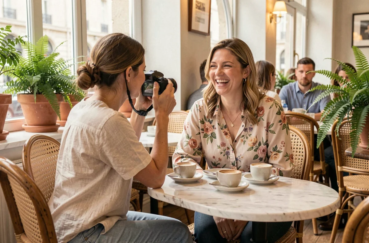 Vidéaste lifestyle filmant un portrait de femme dans un café lumineux en Nouvelle-Aquitaine avec une caméra mirrorless