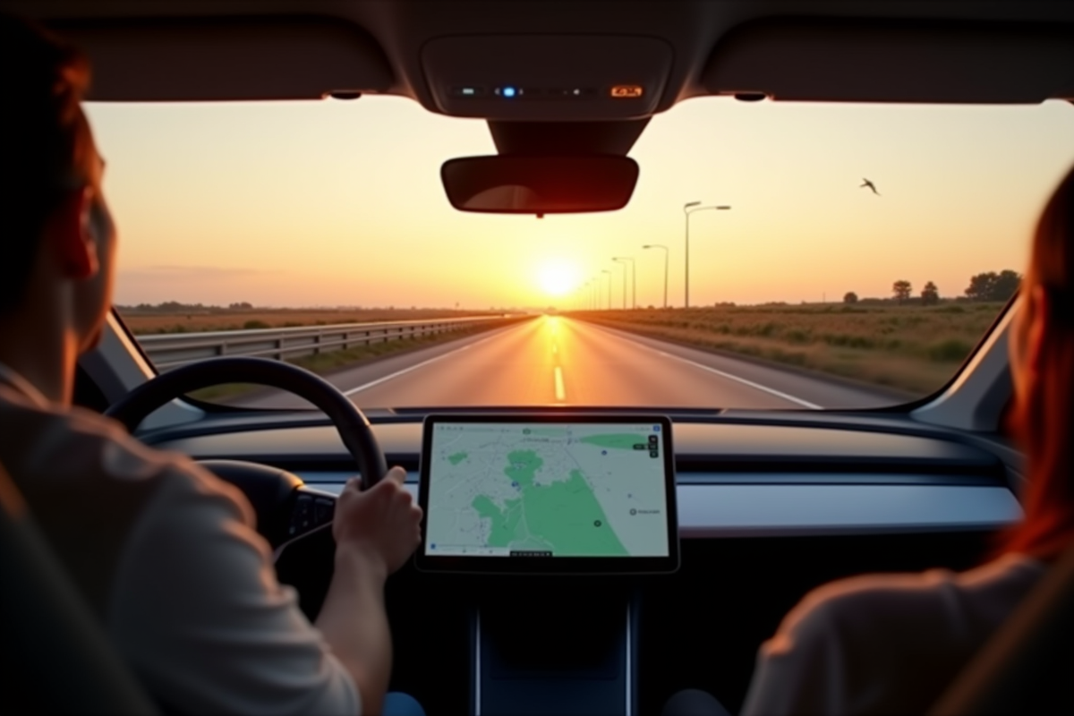Véhicule autonome électrique en route au lever du soleil sans conducteur
