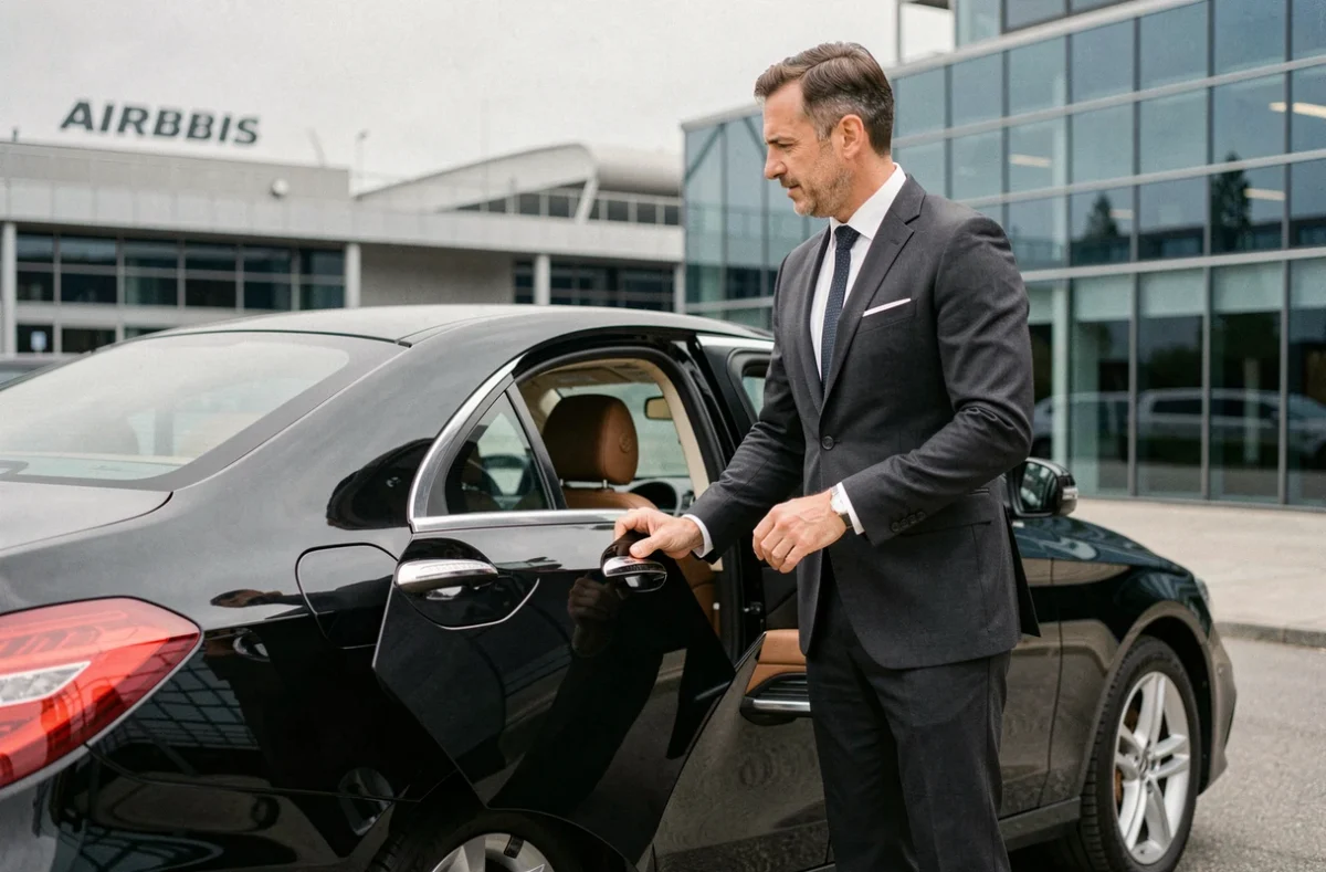 Chauffeur VTC premium en costume ouvrant la portière d'une Mercedes noire devant un bâtiment moderne à Colomiers