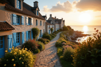 Village côtier breton au coucher de soleil avec maisons en pierre et jardins fleuris
