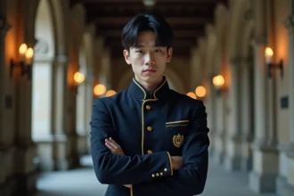 Jeune homme en uniforme d'académie gothique sombre avec un sourire calculateur, illustrant le personnage du villain aux yeux de renard dans le manhwa