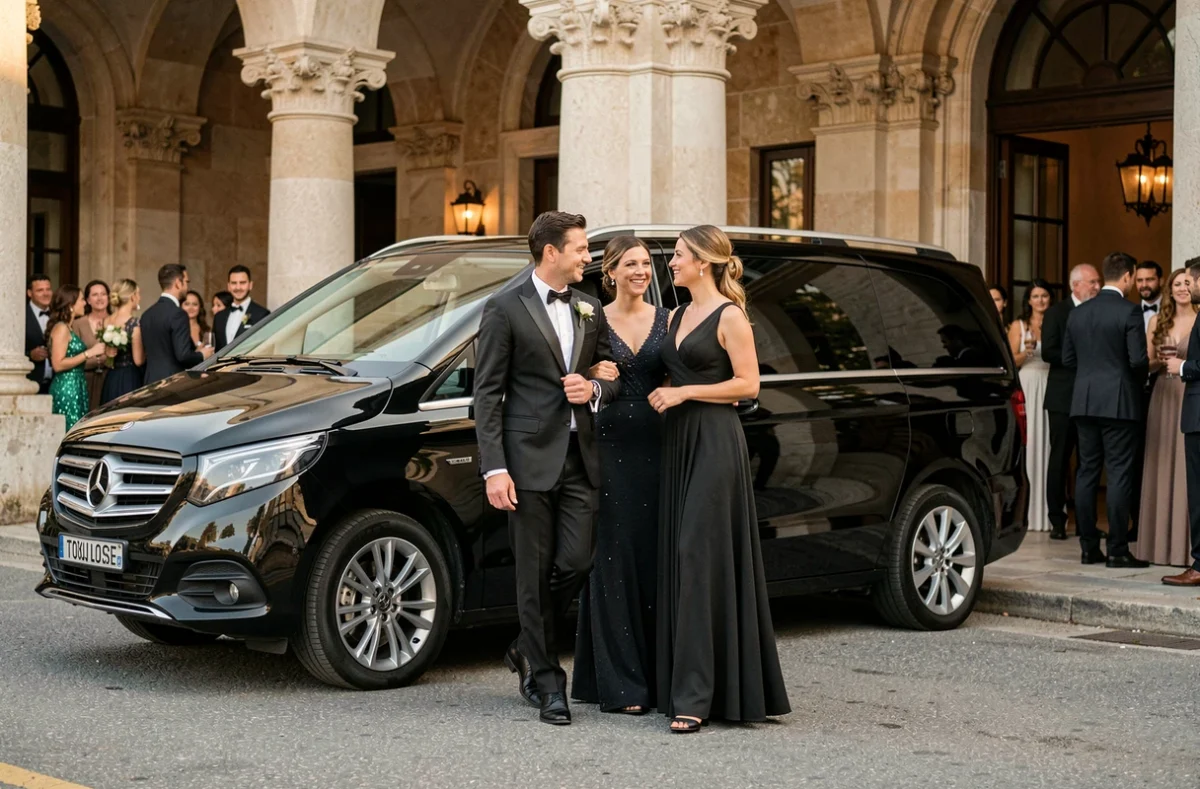 Chauffeur VTC en costume noir accompagnant des clients en tenue de soirée vers un minivan lors d'un événement à Toulouse