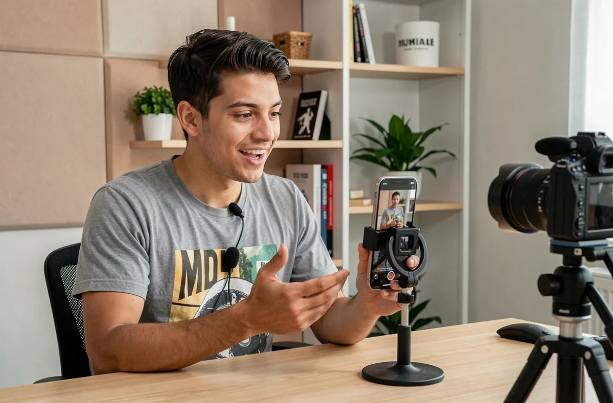 Créateur de contenus vidéo enregistrant une vidéo pour les réseaux sociaux dans un studio à domicile moderne et organisé