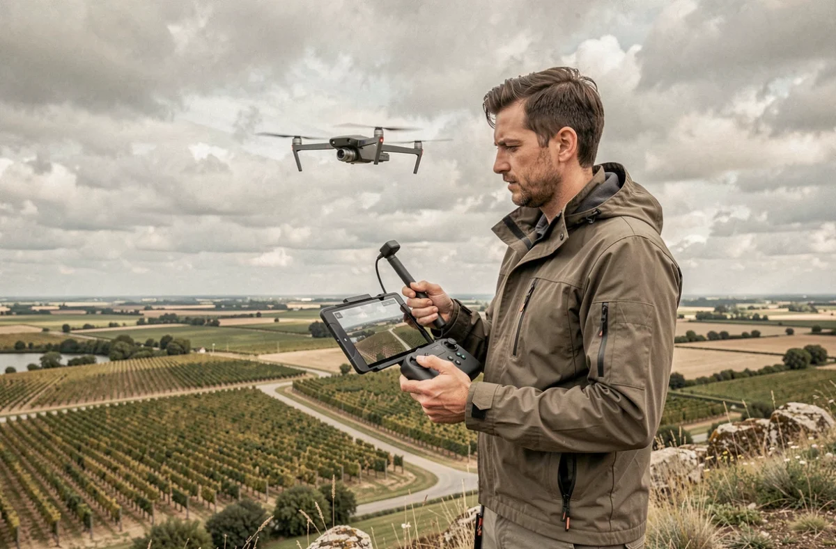 Opérateur drone filmant des vignobles en Gironde avec une télécommande professionnelle et un quadricoptère en vol